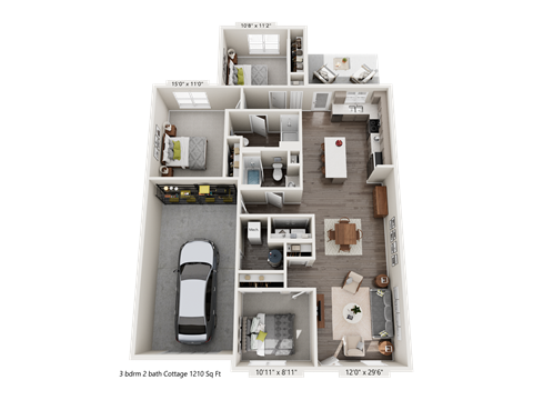 Floor plan for 3 beds, 2 baths, 1210 sqft